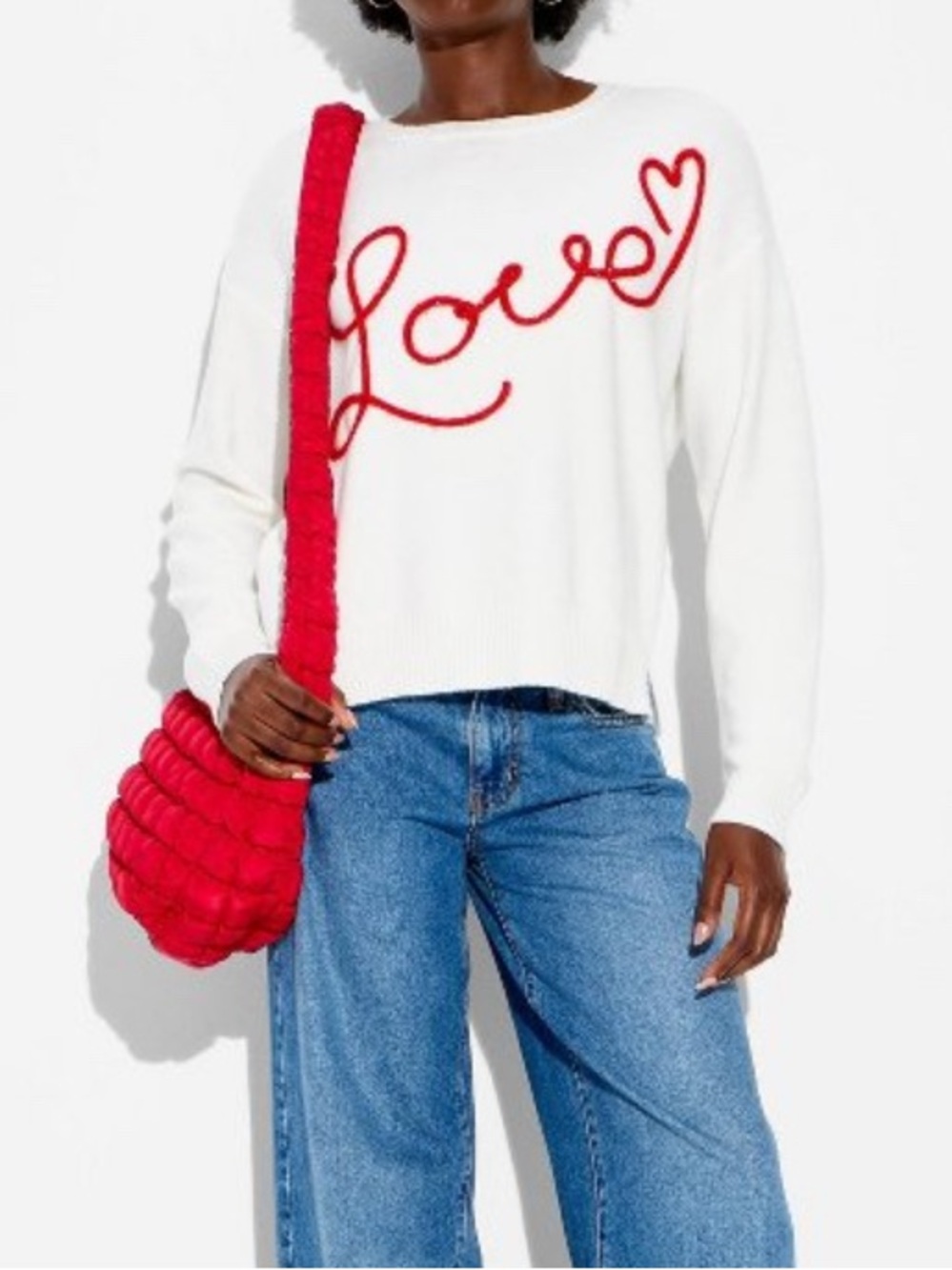 White Crewneck Sweater with Red 'Love' Script
